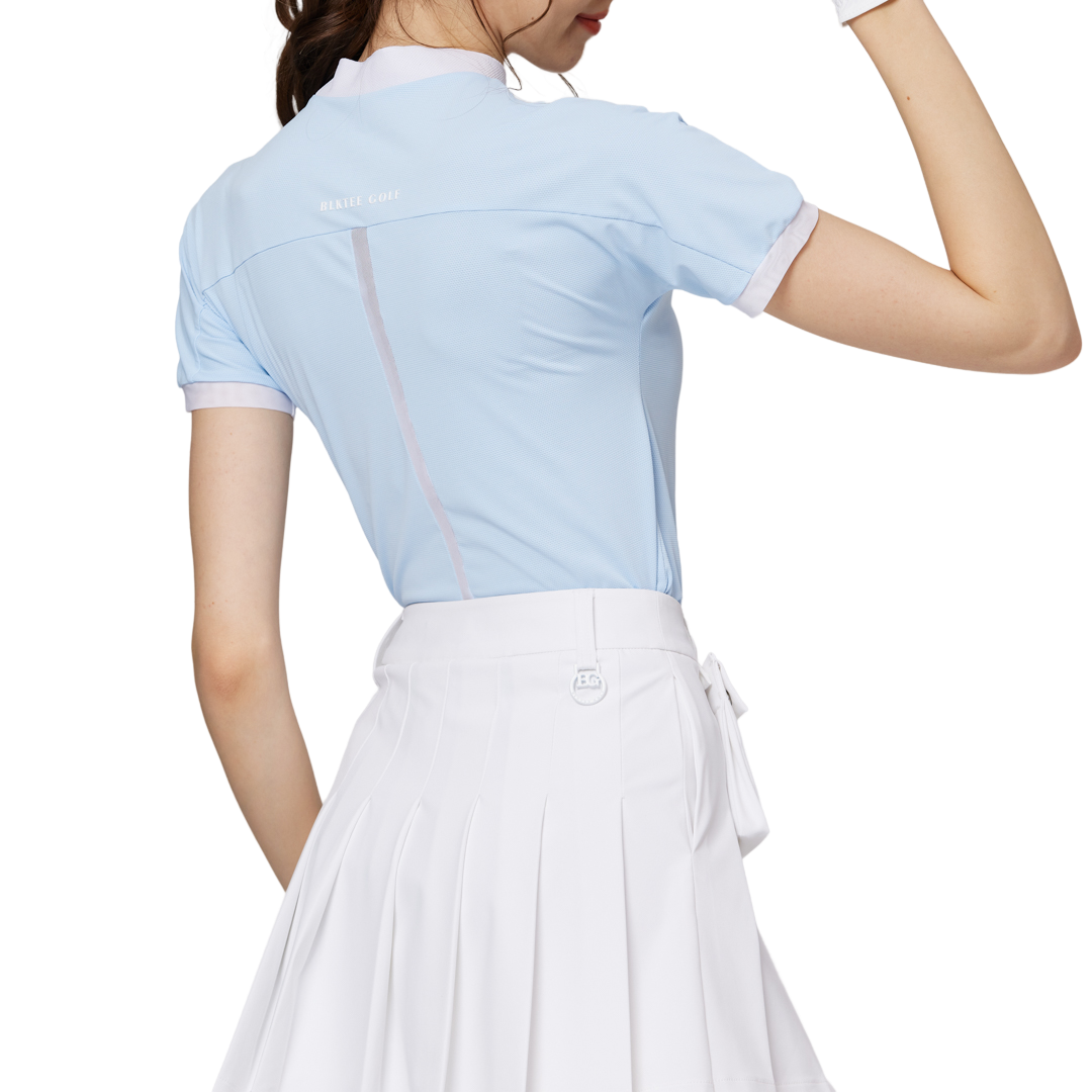 ビーズ付き高伸縮性スタンドカラーレディース半袖トップス