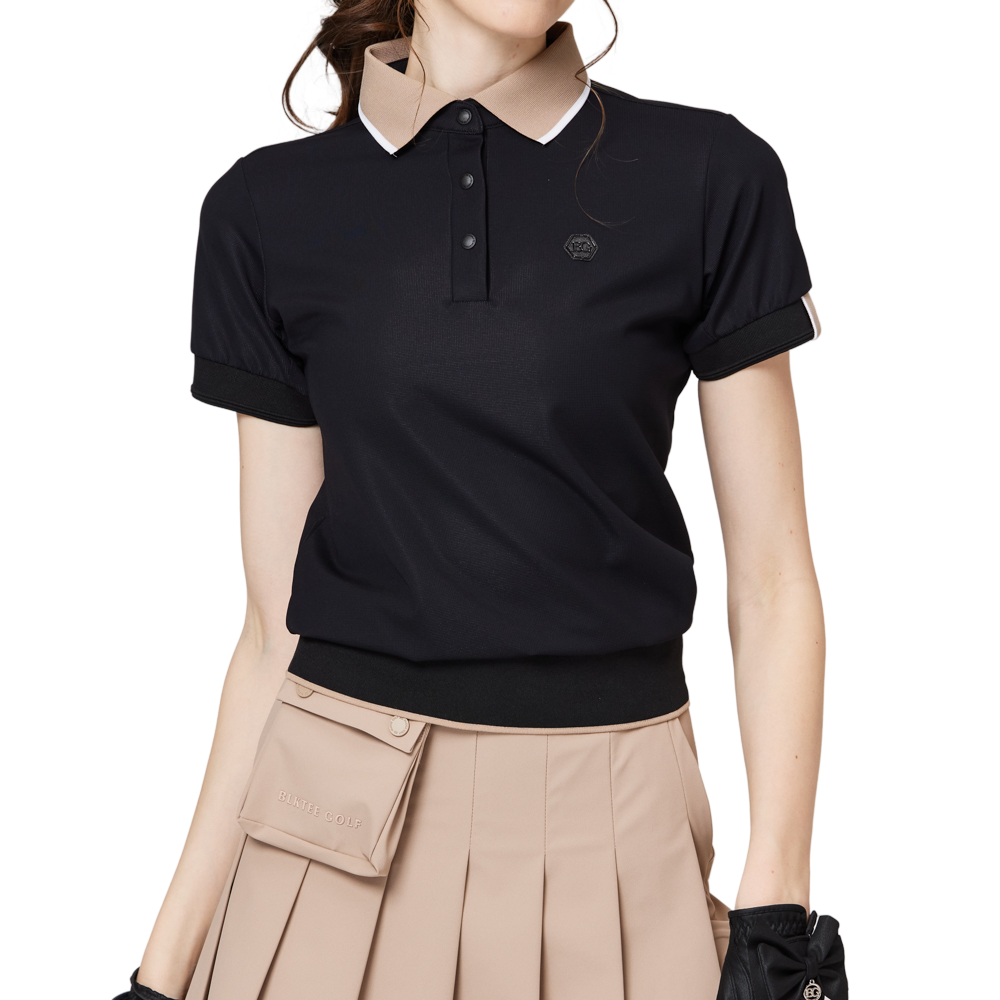 ゆったりとしたリブ編みの裾と襟付きのレディース半袖トップス