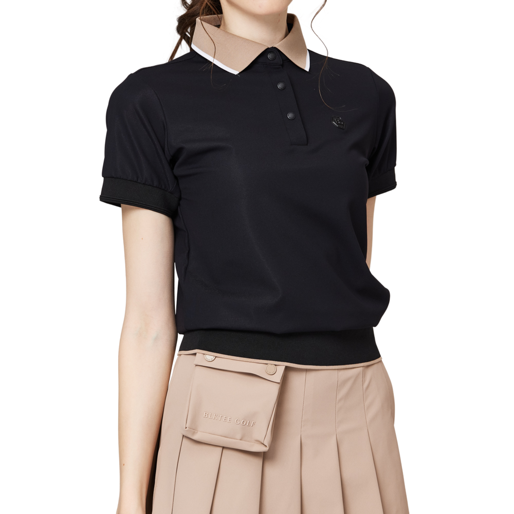 ゆったりとしたリブ編みの裾と襟付きのレディース半袖トップス