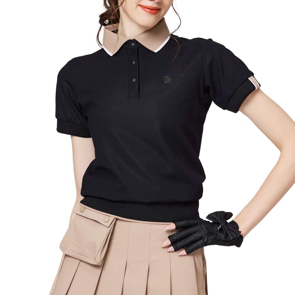 ゆったりとしたリブ編みの裾と襟付きのレディース半袖トップス