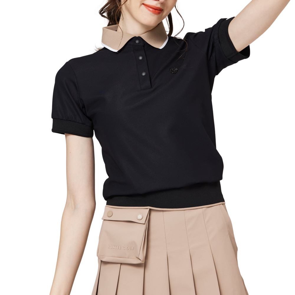 ゆったりとしたリブ編みの裾と襟付きのレディース半袖トップス