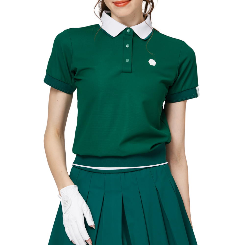 ゆったりとしたリブ編みの裾と襟付きのレディース半袖トップス