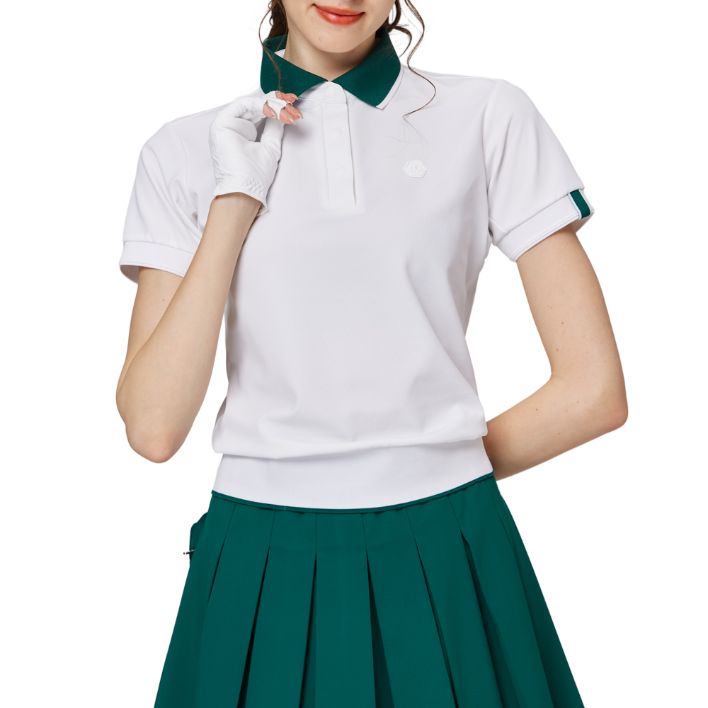 ゆったりとしたリブ編みの裾と襟付きのレディース半袖トップス