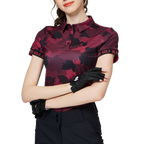 カラープリント 通気性 襟付き レディース 半袖トップス