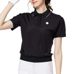 全面にパンチング加工を施し、襟は通気性に優れ、裾はギャザーを寄せたレディース半袖トップス。