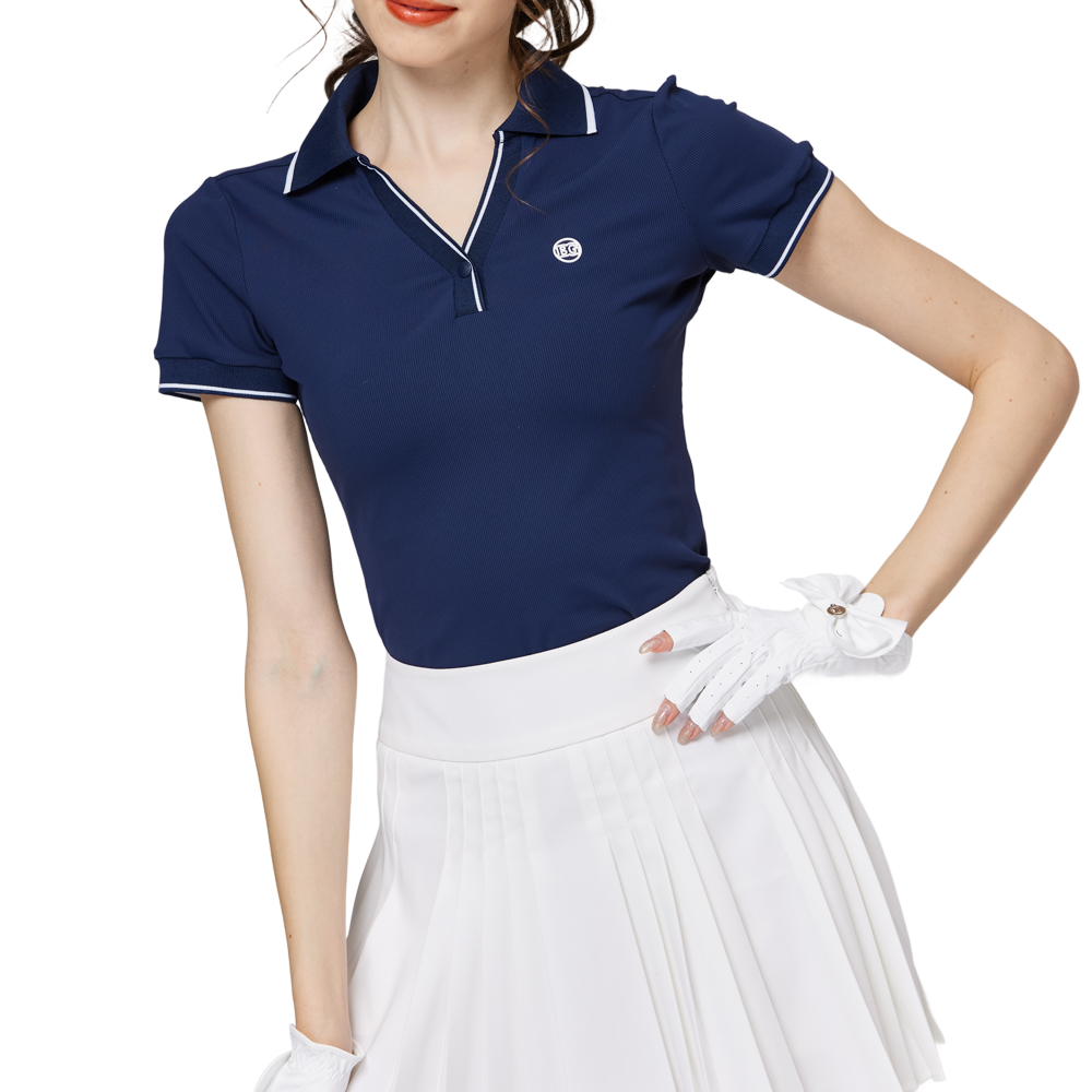 Vネック、ウエストにフィットするレディース半袖トップス