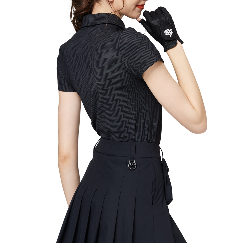 Diamond-patterned jacquard collar short-sleeved top