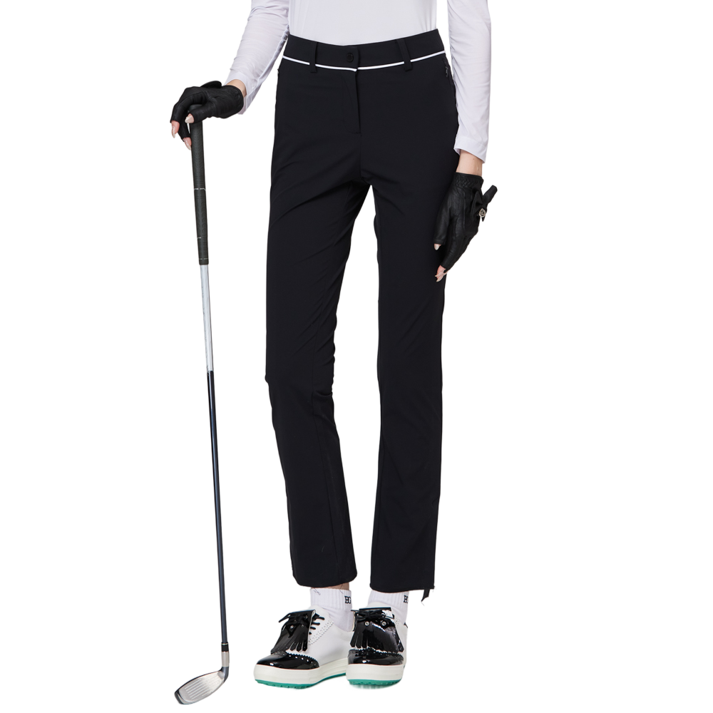 細身の伸縮性ウエストスリットレディースパンツ