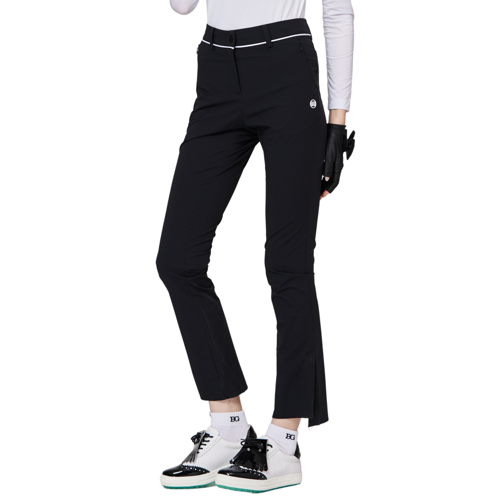 細身の伸縮性ウエストスリットレディースパンツ