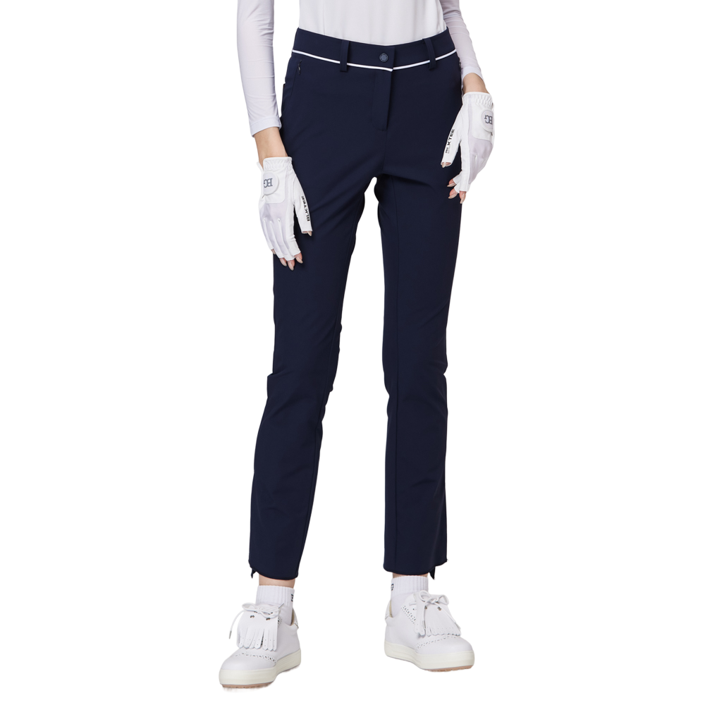 細身の伸縮性ウエストスリットレディースパンツ