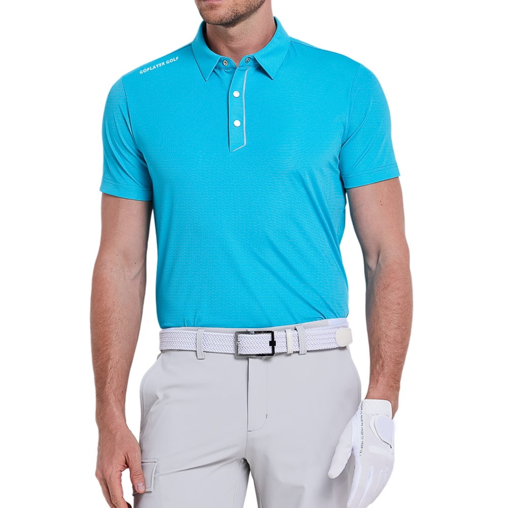 メンズ インポート 縦縞 半袖シャツ (シアン/ブルー)