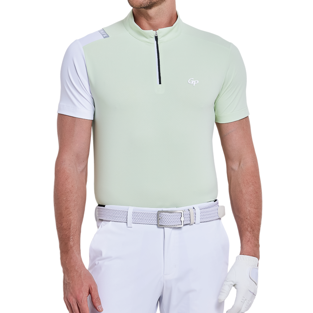 メンズチェック柄通気性半袖シャツ（ライトグリーン）