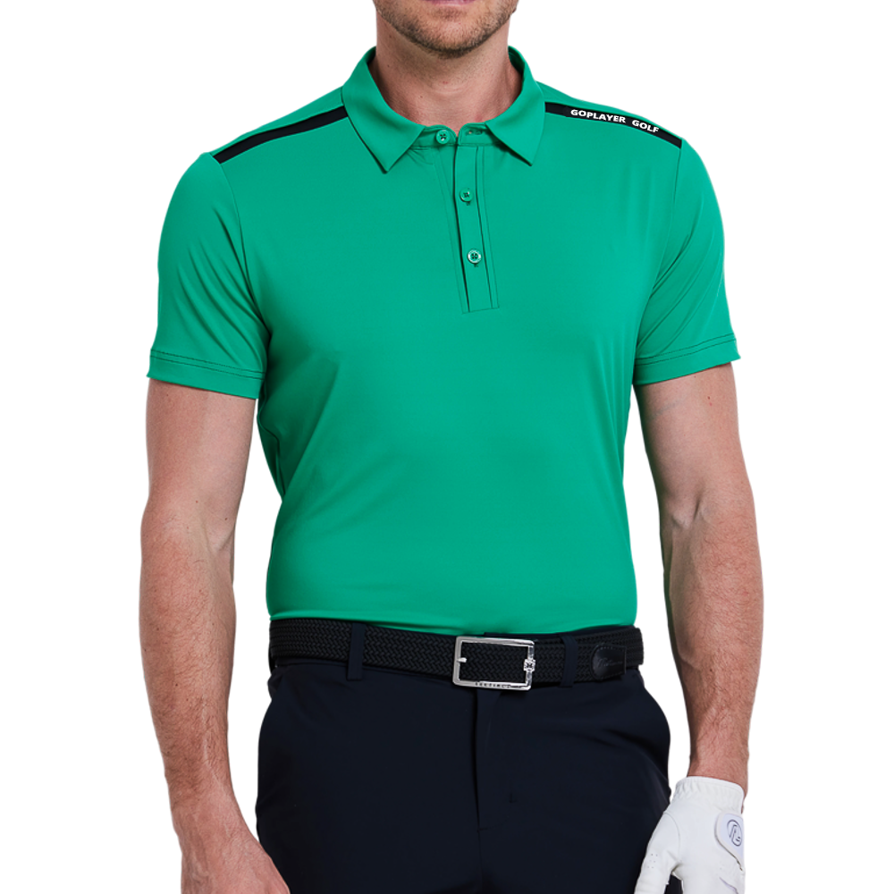 メンズカラーブロックショルダー半袖シャツ（グラスグリーン）