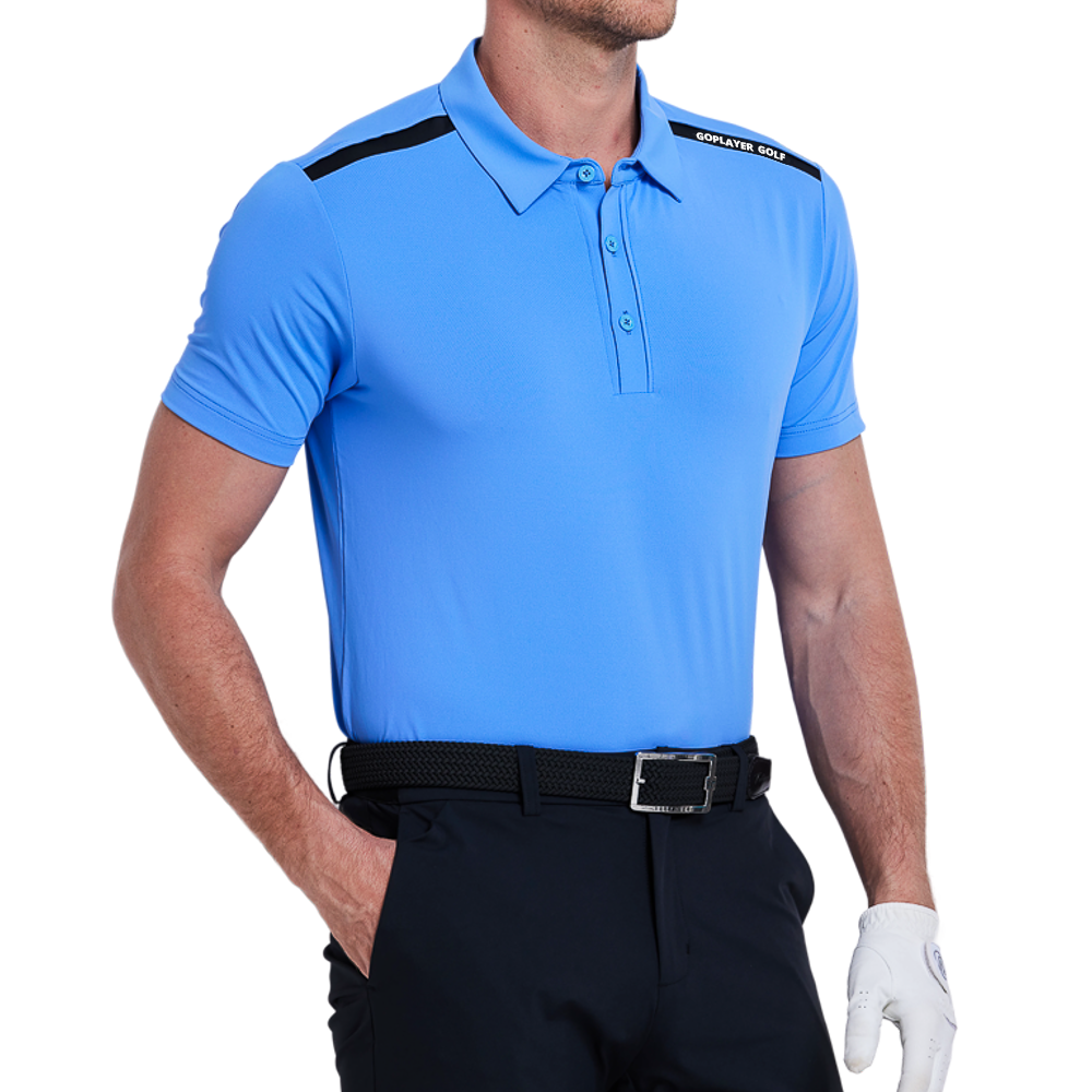 Men's color-blocked shoulder short-sleeved shirt (turquoise blue)