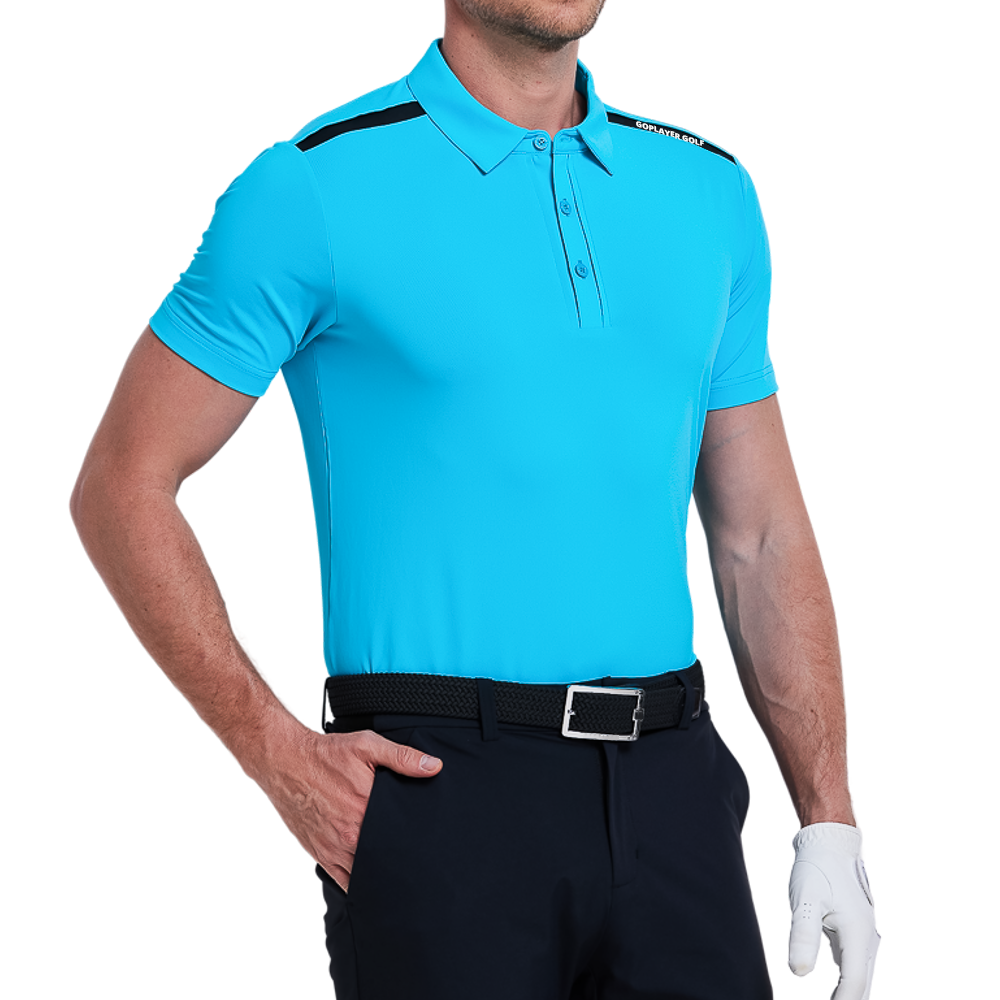 Men's color-blocked shoulder short-sleeved shirt (lake blue)