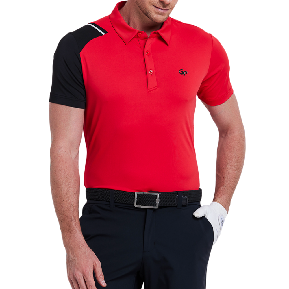 Men's color-blocked shoulder short-sleeved shirt (red)