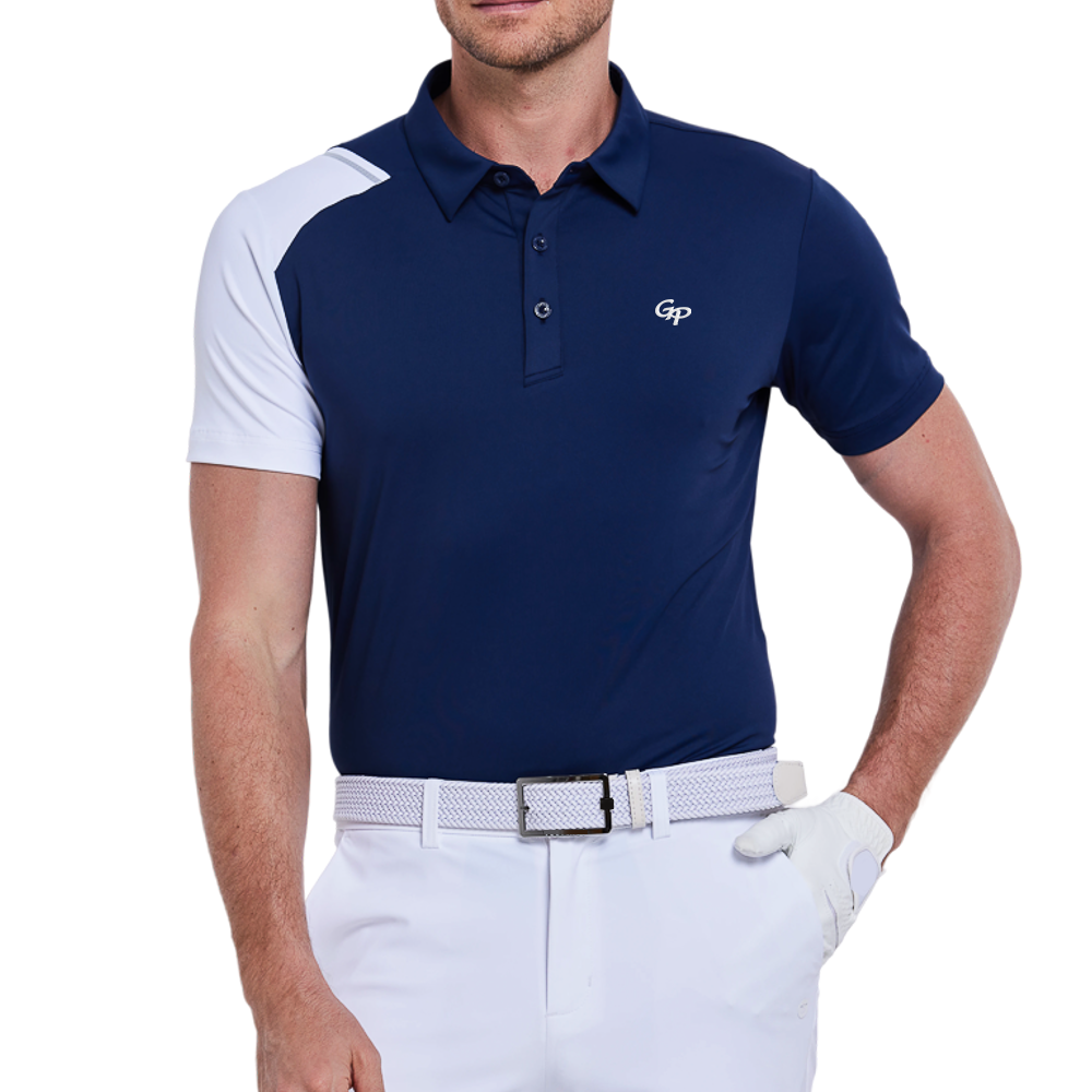 Men's color-blocked shoulder short-sleeved shirt (royal blue)