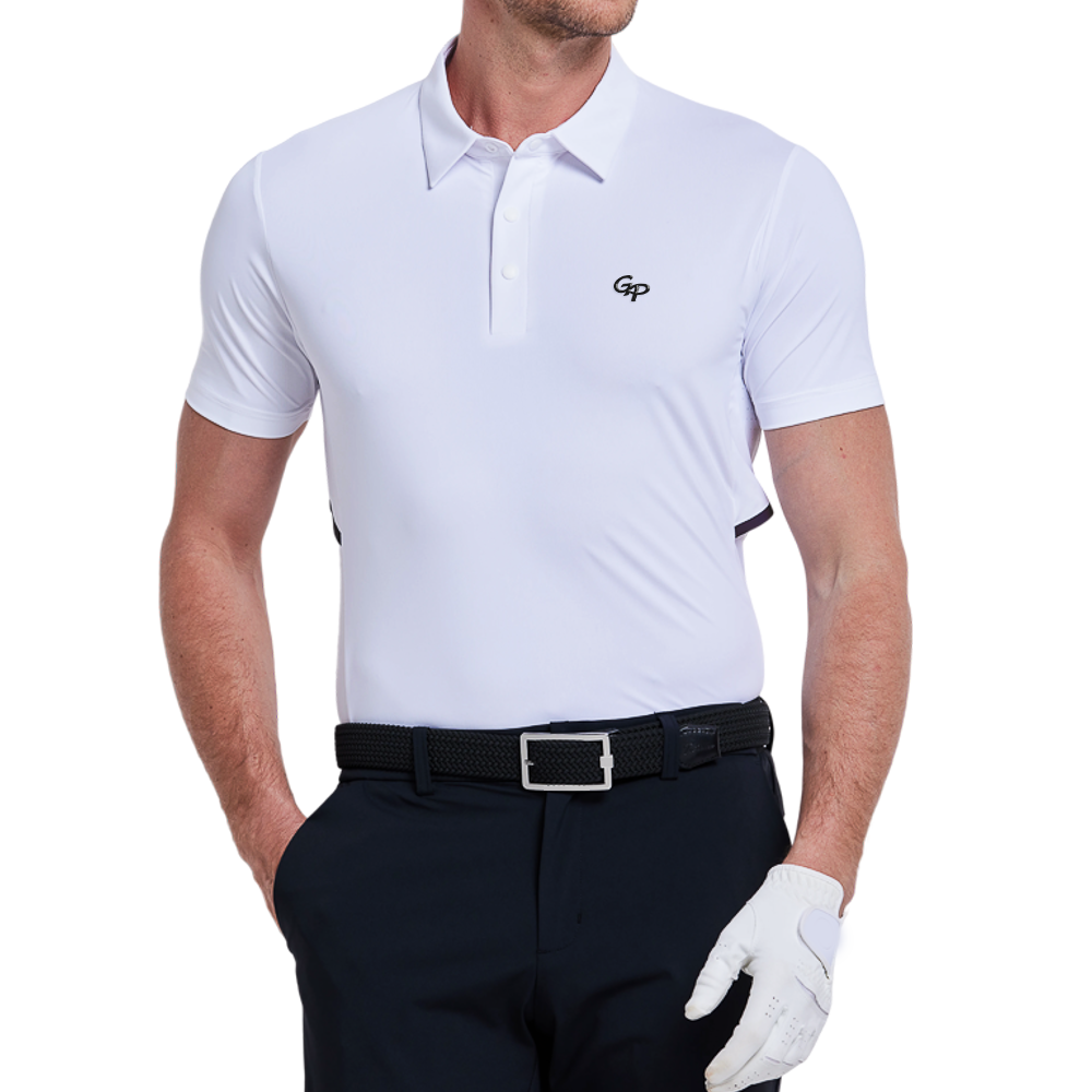 涼感効果のあるサイドオープンのメンズ半袖シャツ（ホワイト）