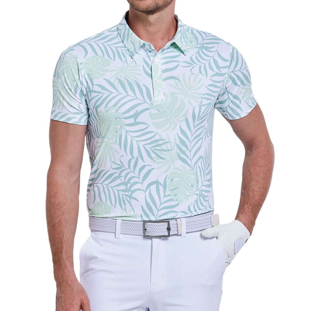 Male celebrity Kong's breathable printed short-sleeved shirt (white and green)