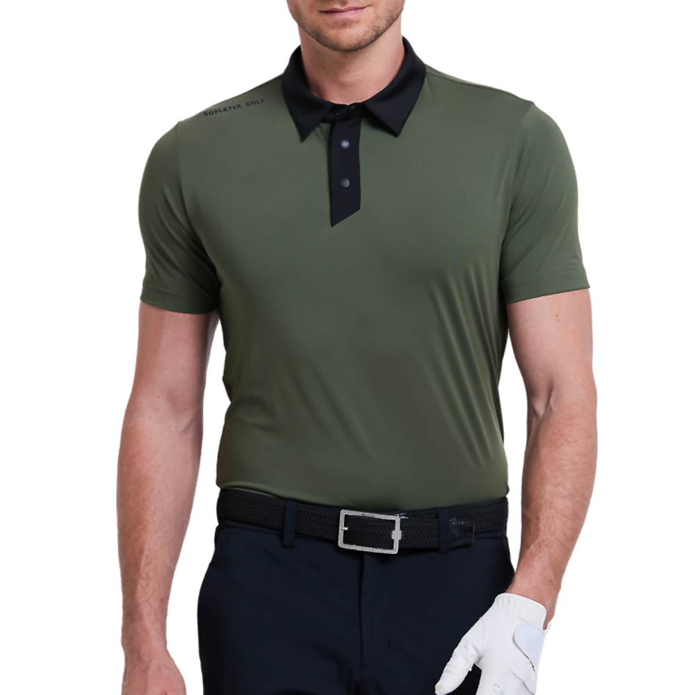 メンズ カラーブロックカラー クールタッチ 半袖シャツ (ダークミリタリーグリーン)