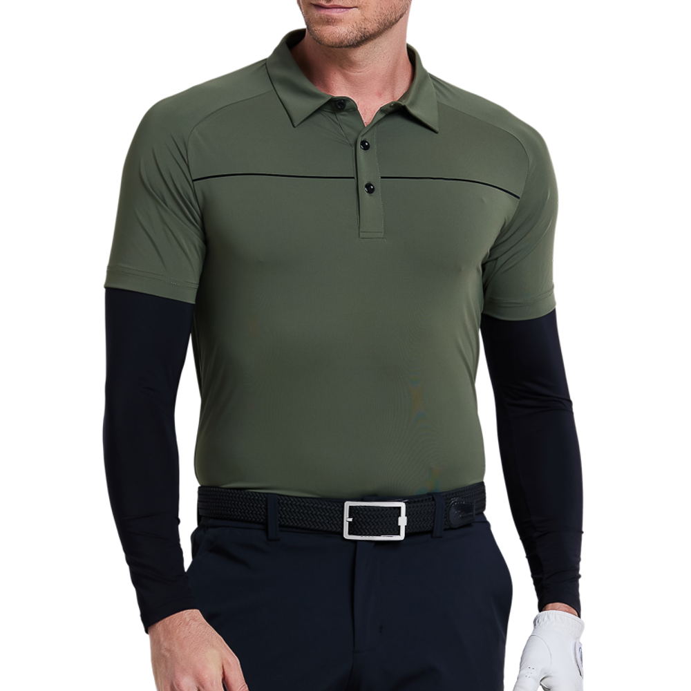 メンズストライプ半袖シャツ（ミリタリーグリーン）