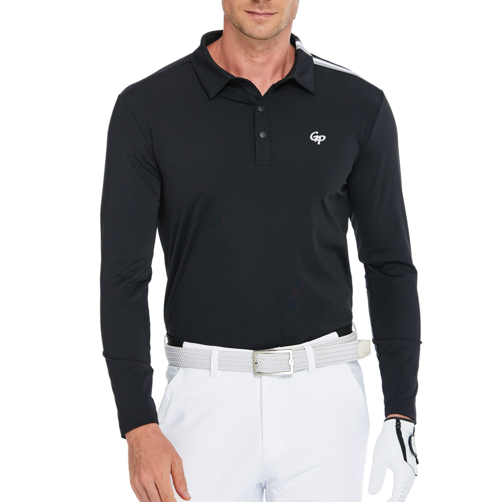 メンズ シルケットフリース 長袖 襟付き Tシャツ (ブラック)