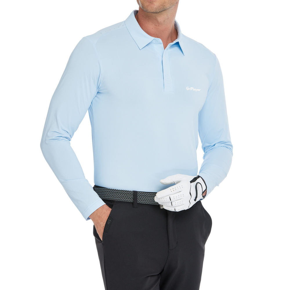 メンズ クールフィール 長袖 襟付きトップス (アイスブルー)