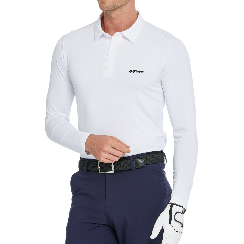 メンズ クールフィール 長袖 襟付きトップス (ホワイト)