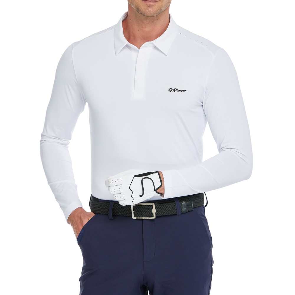 メンズ クールフィール 長袖 襟付きトップス (ホワイト)