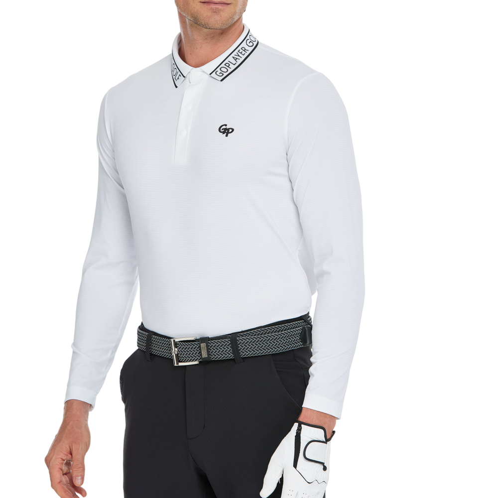 メンズ ダイヤモンド柄ニットジャカード長袖シャツ（ホワイト）