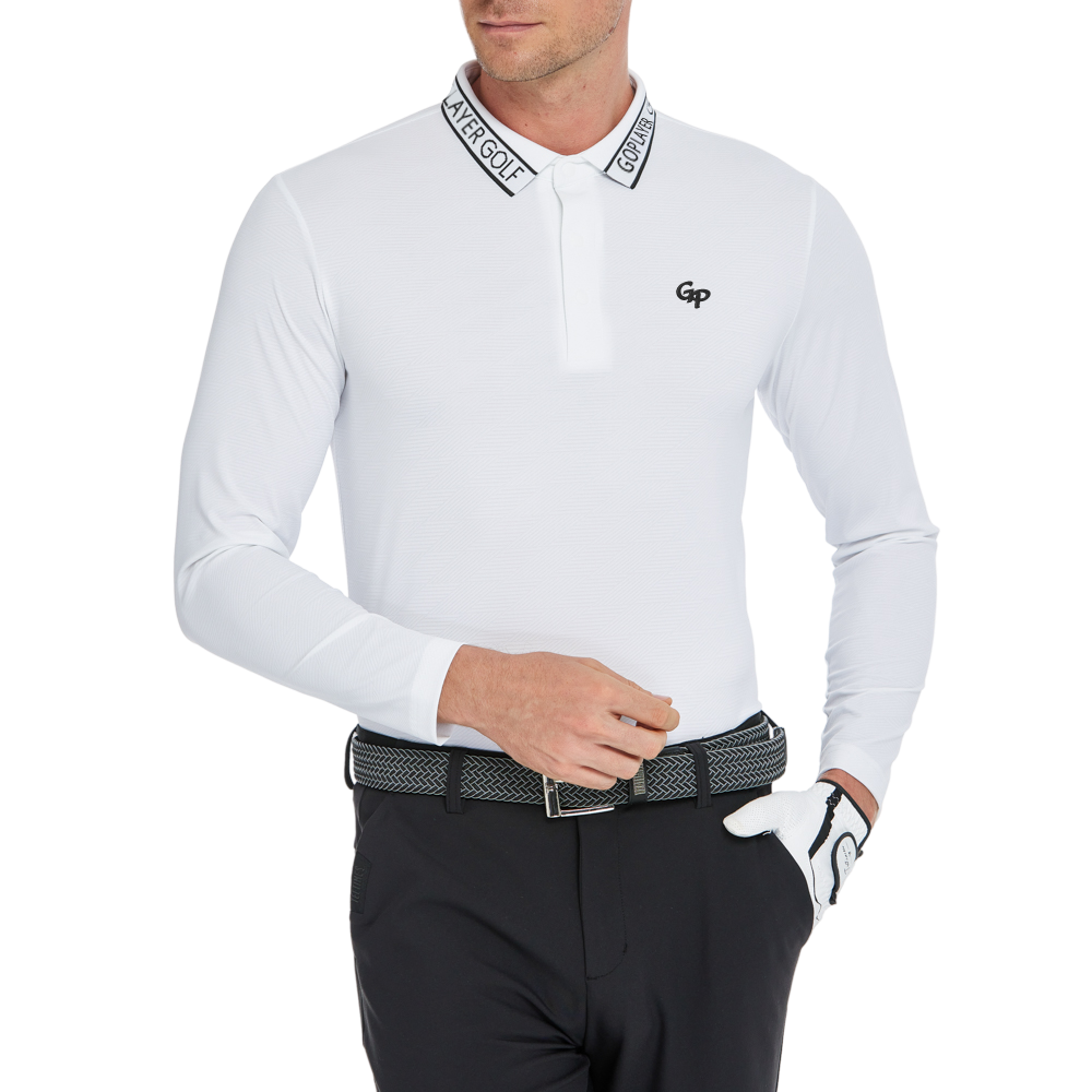 メンズ ダイヤモンド柄ニットジャカード長袖シャツ（ホワイト）