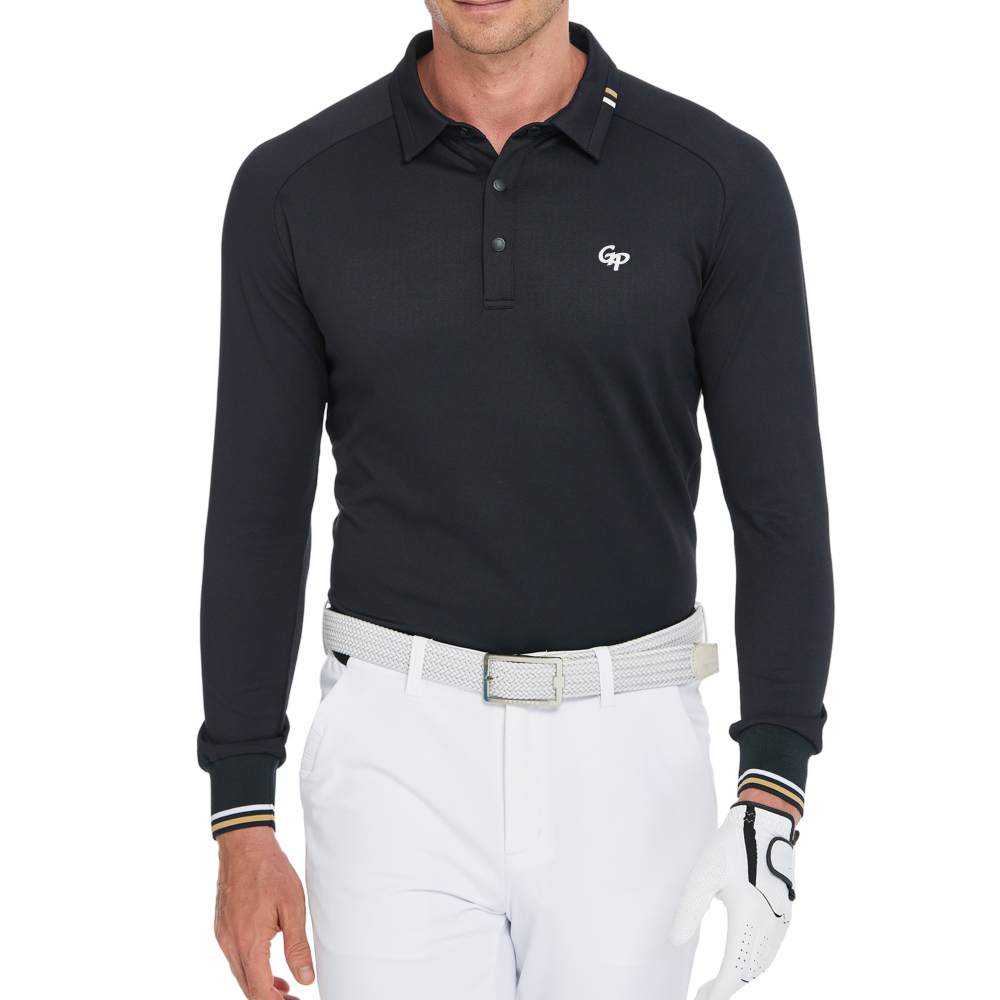 メンズ ソフトグロス 長袖 襟付きトップス (ブラック)