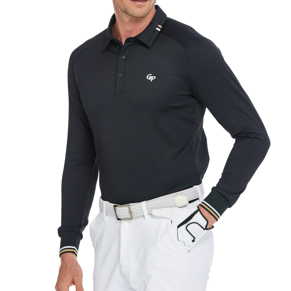 メンズ ソフトグロス 長袖 襟付きトップス (ブラック)