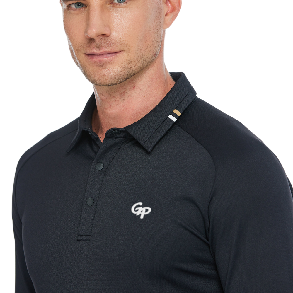 メンズ ソフトグロス 長袖 襟付きトップス (ブラック)