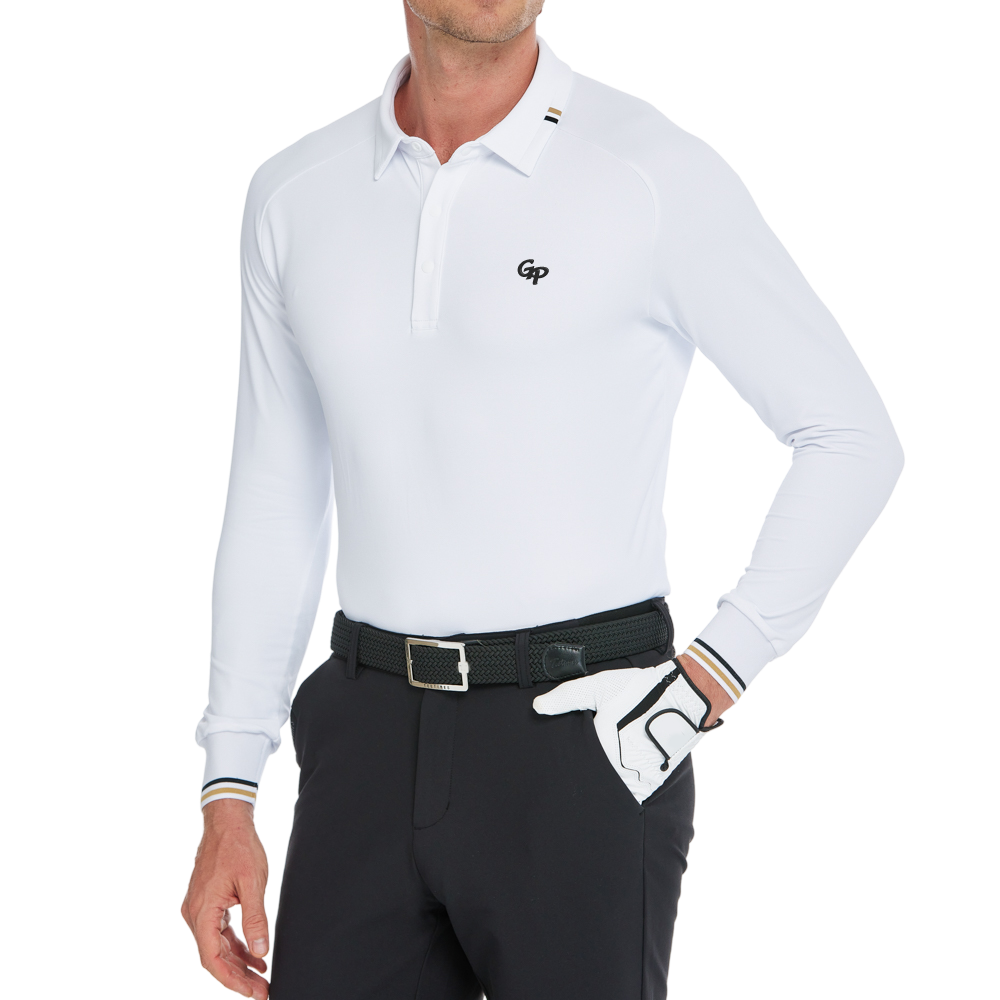 メンズ ソフトグロス 長袖 襟付きトップス (ホワイト)