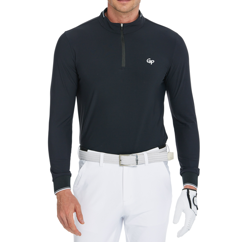 メンズ マット起毛 伸縮性生地 スタンドカラー 長袖 (ブラック)