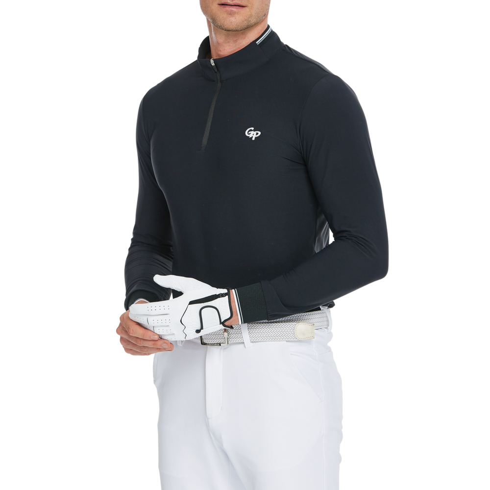 メンズ マット起毛 伸縮性生地 スタンドカラー 長袖 (ブラック)