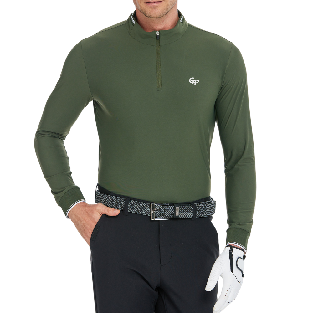 メンズ マット起毛 伸縮性生地 スタンドカラー 長袖シャツ (アーミーグリーン)