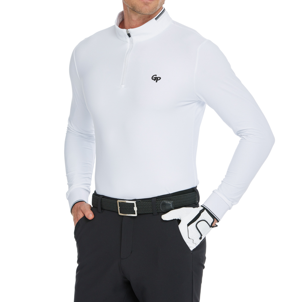 メンズ マット起毛 伸縮性生地 スタンドカラー 長袖 (ホワイト)