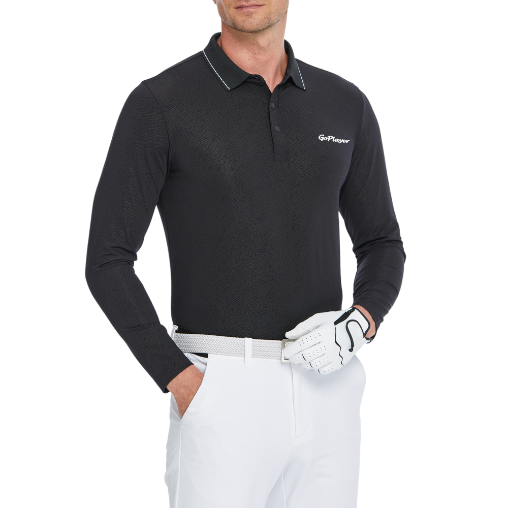 メンズ ダークパターン ジャカード ポロカラー 長袖 (ブラック)