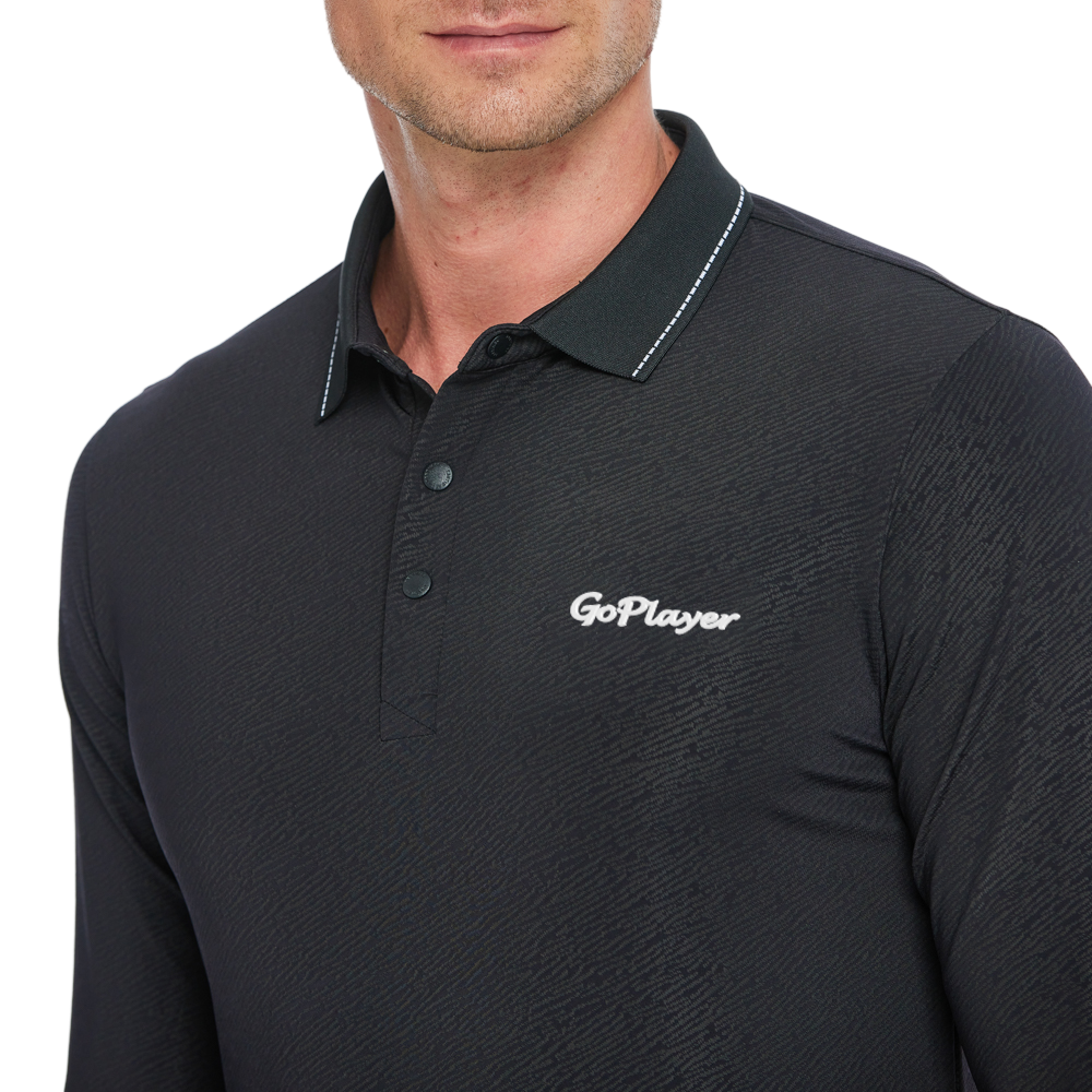 メンズ ダークパターン ジャカード ポロカラー 長袖 (ブラック)