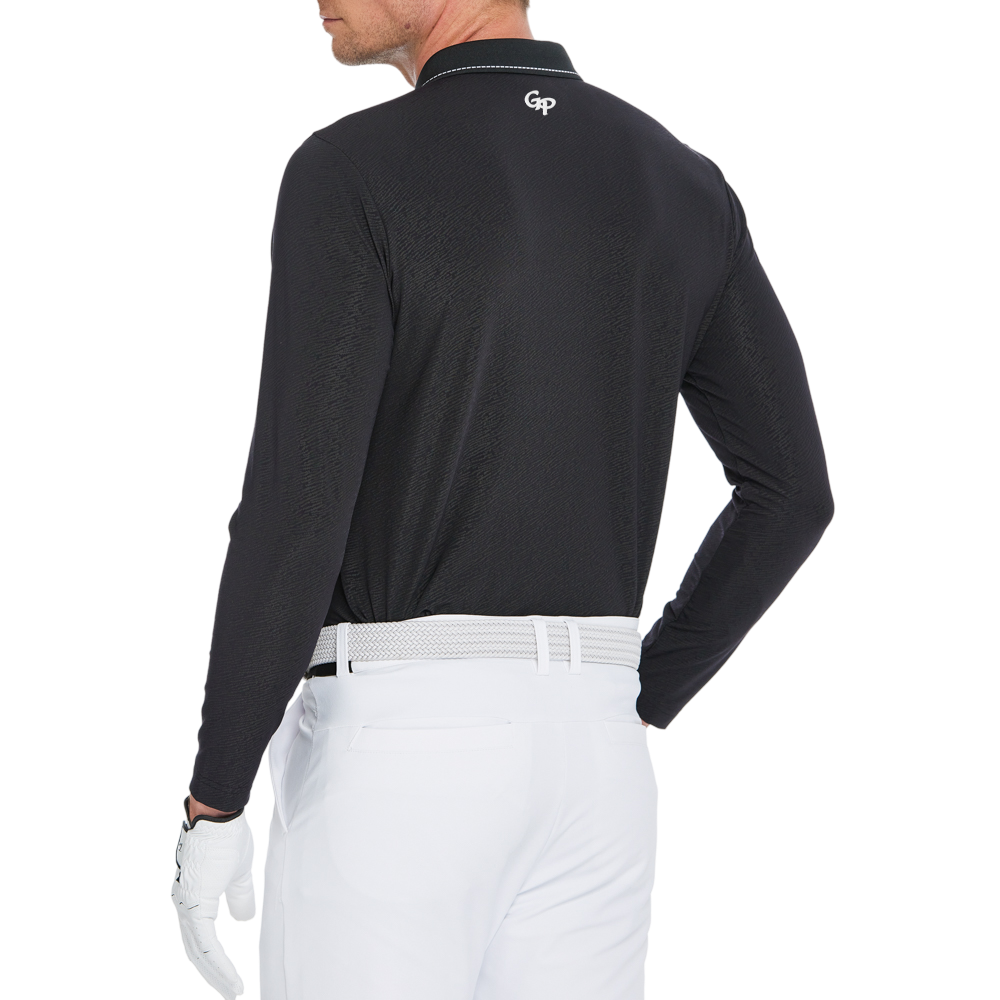 メンズ ダークパターン ジャカード ポロカラー 長袖 (ブラック)