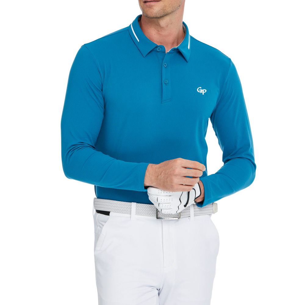 メンズ コットンタッチ ストライプ 長袖シャツ ターンダウンカラー (ダークブルー)