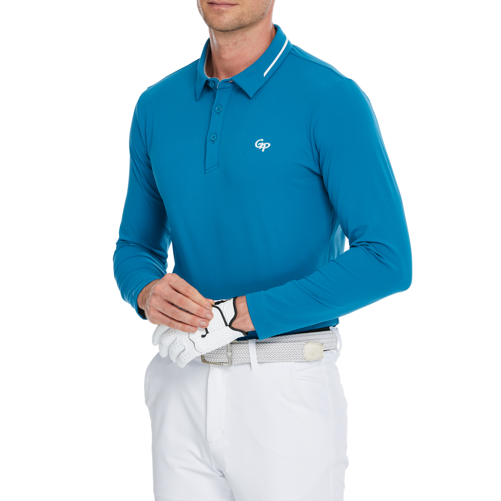 メンズ コットンタッチ ストライプ 長袖シャツ ターンダウンカラー (ダークブルー)