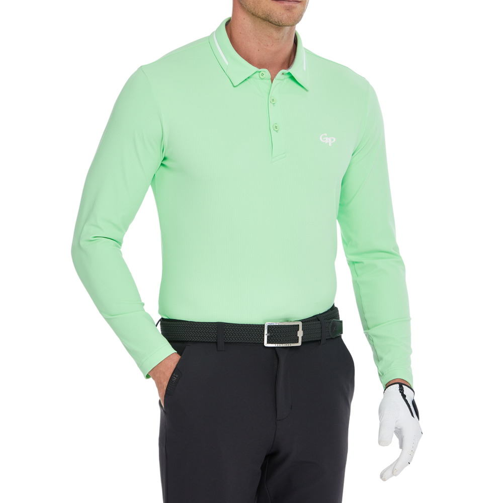 メンズ コットンタッチ ストライプ 長袖シャツ ターンダウンカラー (ライトグリーン)