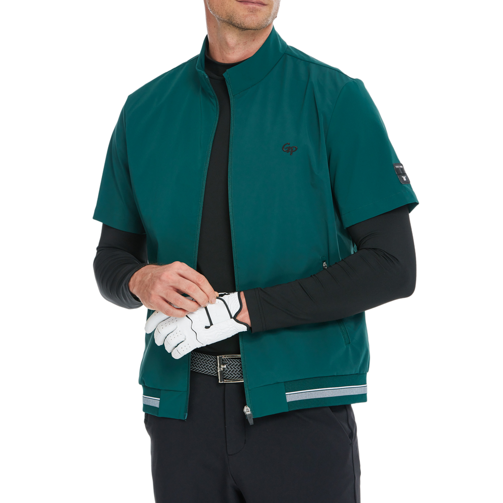 メンズ軽量・防風・撥水加工半袖トレンチコート（ダークグリーン）