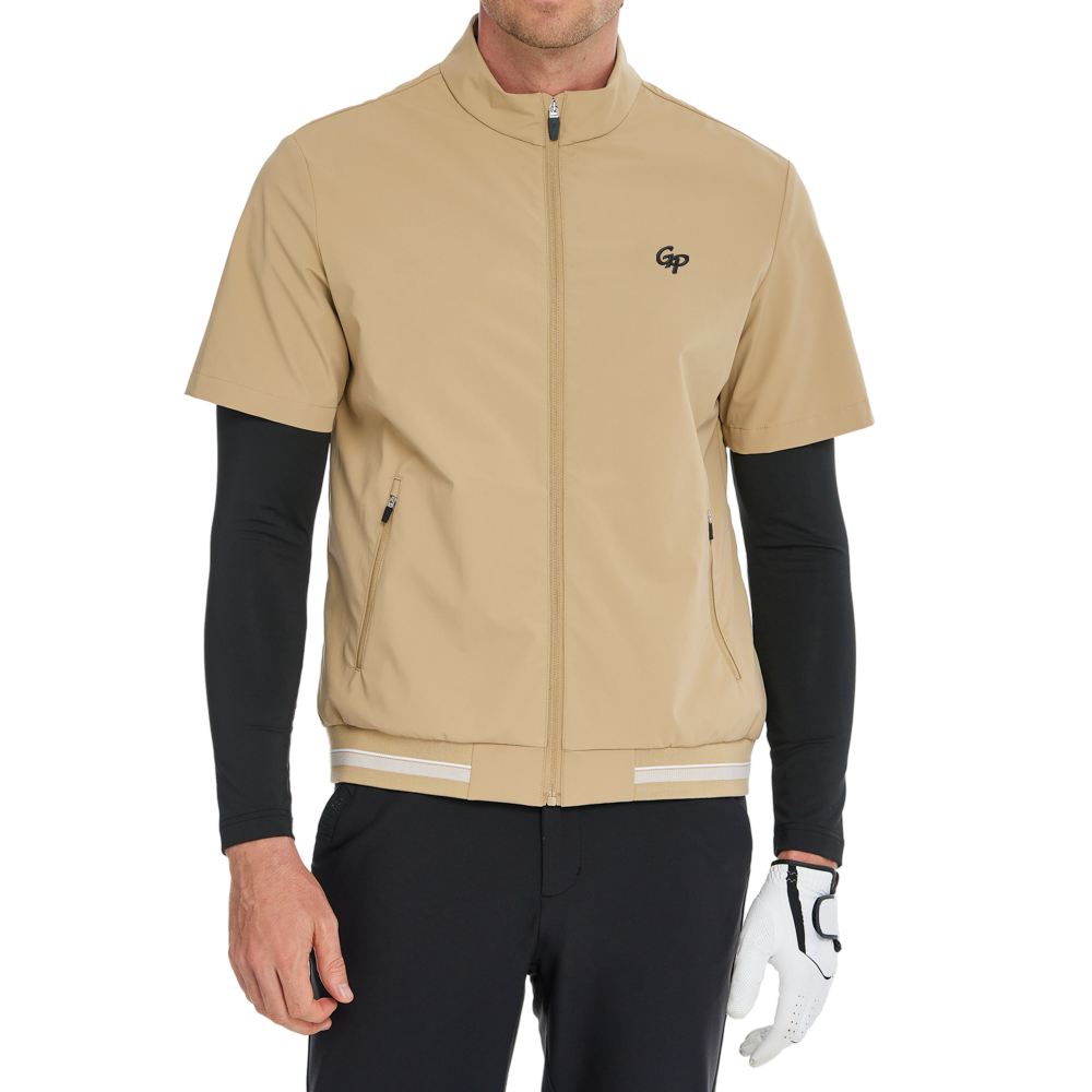 メンズ軽量・防風・撥水加工半袖ウィンドブレーカー（カーキ）